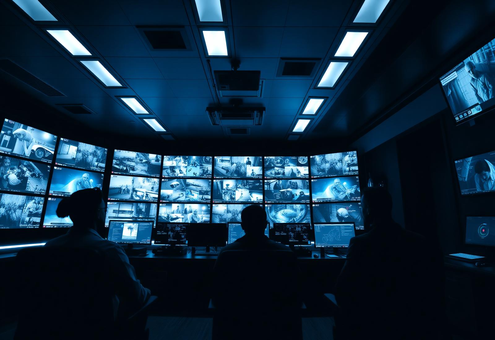 Futuristic 24/7 security control room with monitoring wall